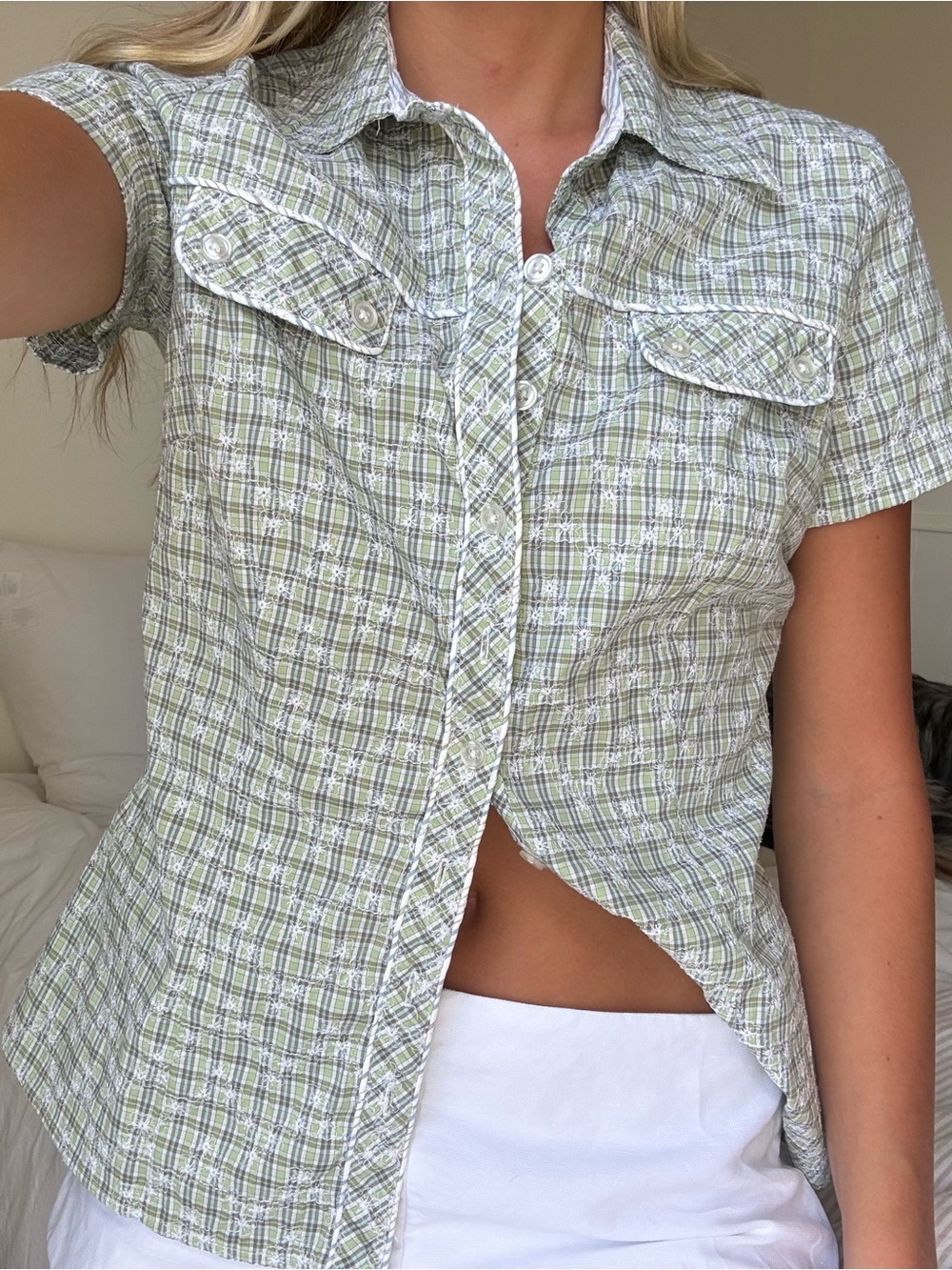 vintage Light Green Plaid embroidered Short-Sleeve Button-Up Top shirt